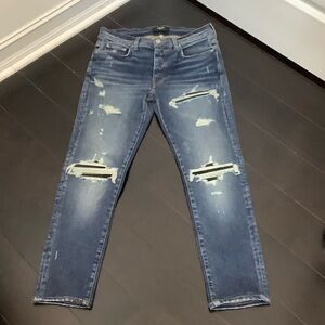 AMIRI MX1 Blue Distressed Skinny Jeans with Black Underlay, Button Fly, Size 34
